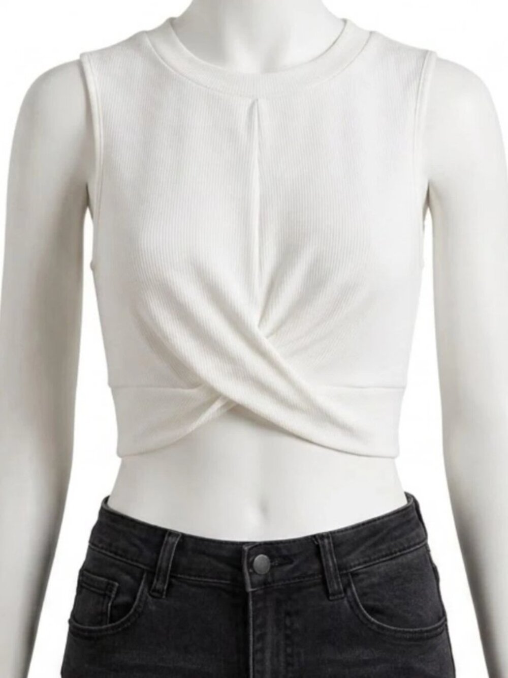 SHEIN Women's Size Large 8/10 Crop Top White Ribbed Knit Twist Front Tank